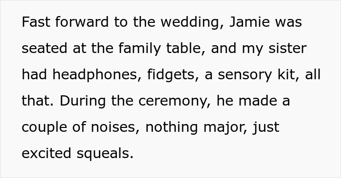 Excerpt discussing an autistic nephew at a wedding, highlighting sensory support and family dynamics involving the bride and groom. Excerpt discussing an autistic nephew at a wedding, highlighting sensory support and family dynamics involving the bride and groom.