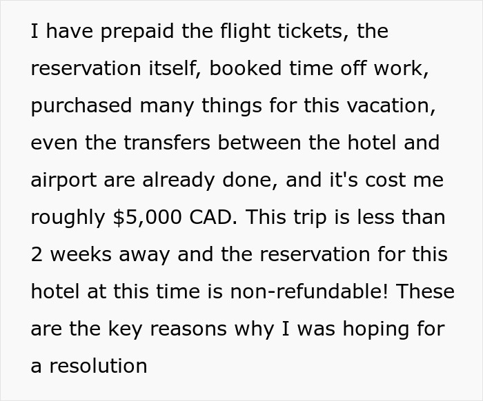 Text excerpt explaining prepaid flight tickets, hotel reservation, and costs from a bride's resort room cancellation dispute. - 39