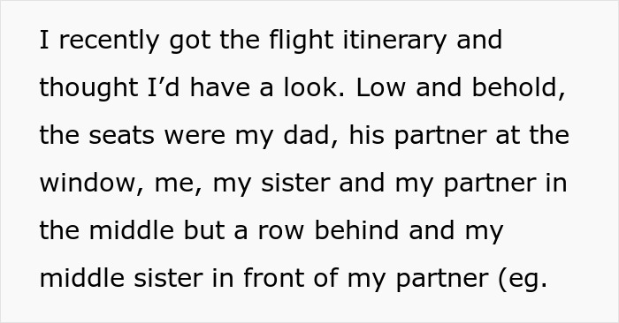 Text describing a woman sneakily swapping seats on a flight to avoid babysitting her little sister during a family trip.