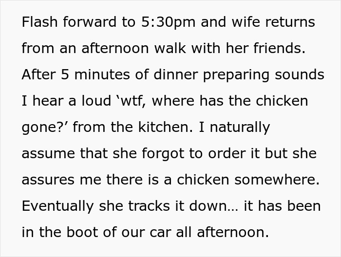 Text describing a wife discovering raw chicken left in the car trunk all afternoon, causing hygiene concerns. - 3