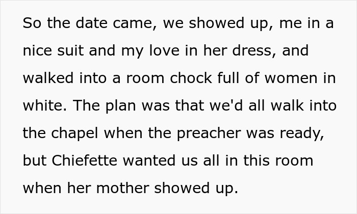 Bride wearing a red gown outsmarts attention-seeking mom in white dress at wedding, standing confidently in a crowded room.