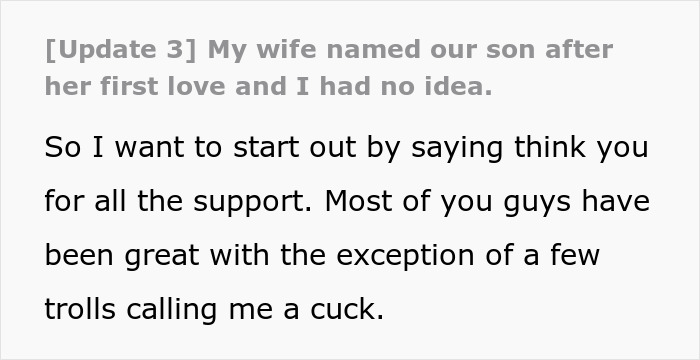 Text excerpt from a husband feeling sick after realizing who their son is named after in a personal story update. - 45