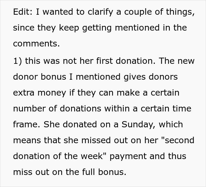 Text excerpt explaining a woman's plasma donation, donor bonus rules, and missed payment due to donation timing. Text excerpt explaining a woman's plasma donation, donor bonus rules, and missed payment due to donation timing.