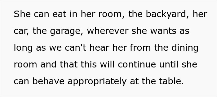 Text excerpt about stepmom banning teen from family dinners for singing, explaining where teen can eat instead. Text excerpt about stepmom banning teen from family dinners for singing, explaining where teen can eat instead.