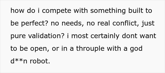 Woman questions marriage as her husband falls in love with an AI girlfriend, expressing feelings of insecurity and conflict. Woman questions marriage as her husband falls in love with an AI girlfriend, expressing feelings of insecurity and conflict.