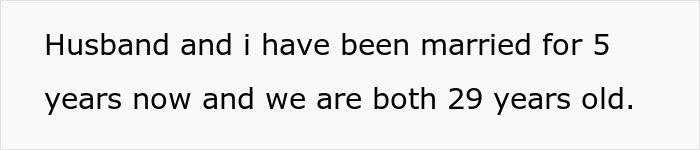 Text showing a person describing being married for five years, both aged 29, related to parents wanting to wake man who sleeps past noon.