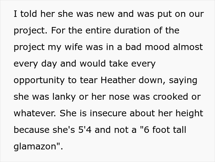 Text passage describing a jealous wife spying on her husband at work, expressing insecurity and bad moods.