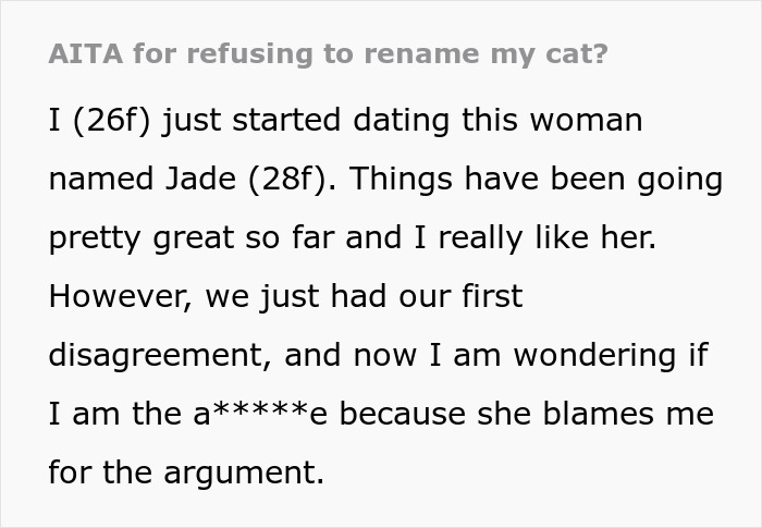 Text post about a woman furious her partner won't rename their cat, referencing her traumatic childhood. - 2
