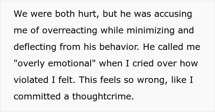 Text excerpt from a wife describing emotional pain after her husband reads her diary and accuses her of overreacting. Text excerpt from a wife describing emotional pain after her husband reads her diary and accuses her of overreacting.