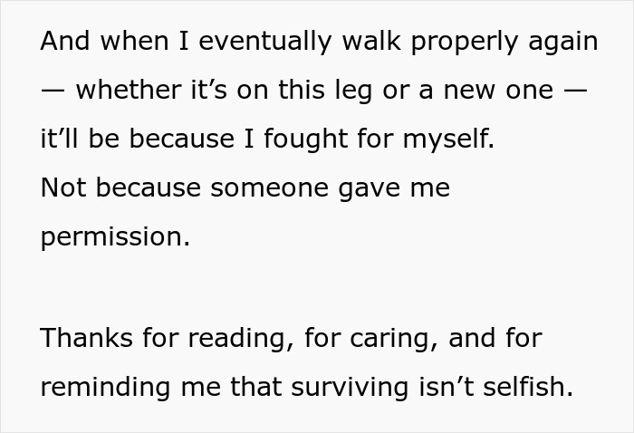 Alt text: Inspiring message from girl who survives cancer accepting prosthetic leg and confronting brother's unfairness with strength.