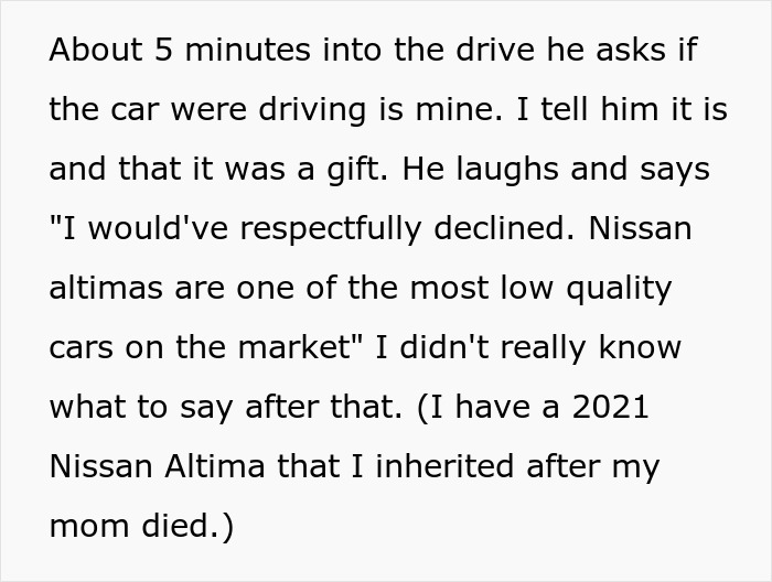 Man ends up on the side of the road after insulting his date during a car ride in a Nissan Altima. Man ends up on the side of the road after insulting his date during a car ride in a Nissan Altima.