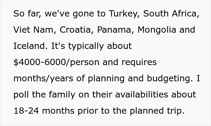 Text excerpt discussing expensive family vacations costing $4000-6000 per person with years of planning and scheduling.