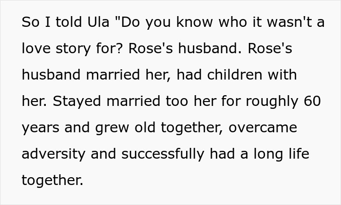 Text excerpt explaining Titanic to illustrate why friend's tattoo affects her love life, causing emotional reaction.