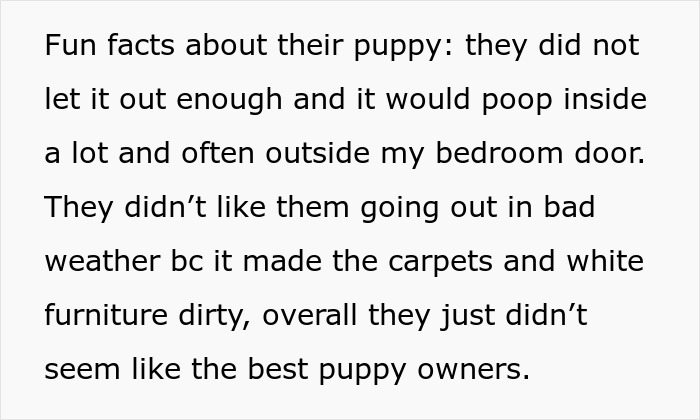 Alt text: Text describing roommate issues with puppy care leading to messes and disputes over pets in shared living space. Alt text: Text describing roommate issues with puppy care leading to messes and disputes over pets in shared living space.