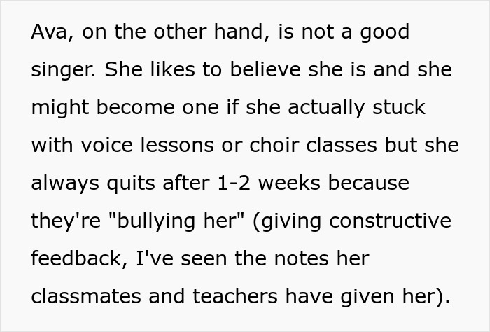 Text describing a teen banned from family dinners due to singing, with mentions of voice lessons and bullying concerns. Text describing a teen banned from family dinners due to singing, with mentions of voice lessons and bullying concerns.