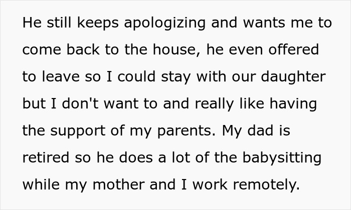 Text excerpt about husband apologizing after DNA test, with mention of daughter and family support in a remote work setting. - 38