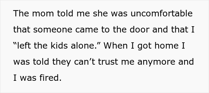 Text about babysitting overreaction after someone ordered DoorDash while watching kids, leading to loss of trust and being fired. Text about babysitting overreaction after someone ordered DoorDash while watching kids, leading to loss of trust and being fired.