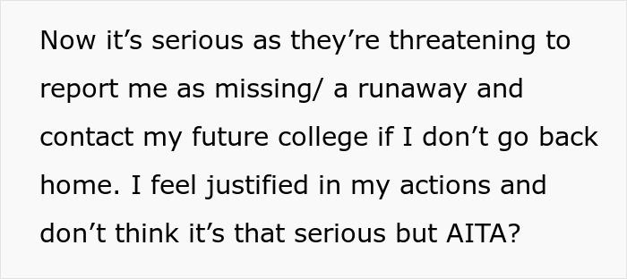 Text discussing parents play favorites and adopted daughter moving out after graduation, feeling justified in her choice.