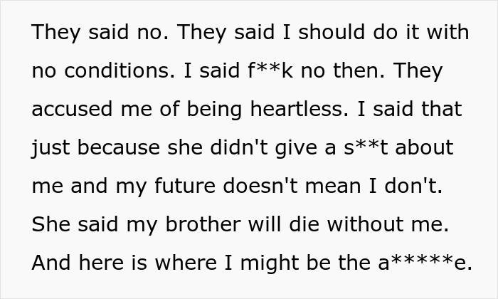Text displaying a conversation highlighting conflict and emotional struggle in parents kid care parenting context.