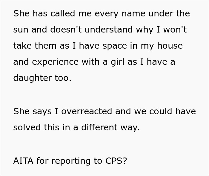 Text excerpt discussing a mom of 6 trying to dump two adopted kids on her ex during divorce and CPS involvement.