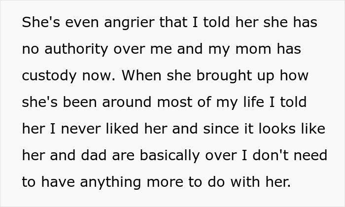 Text excerpt about teen refusing to help half siblings after dad goes AWOL, stepmom angry at his decision.