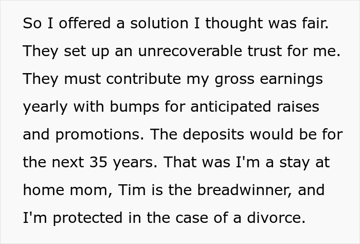 Text excerpt about a woman negotiating financial terms with in-laws amid demands to quit job seen as emasculating their son. - 7