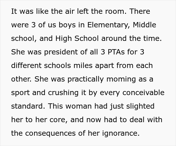 Text excerpt describing a mom actively involved in PTAs and dealing with consequences after a gaming store sold swords to her son. - 13