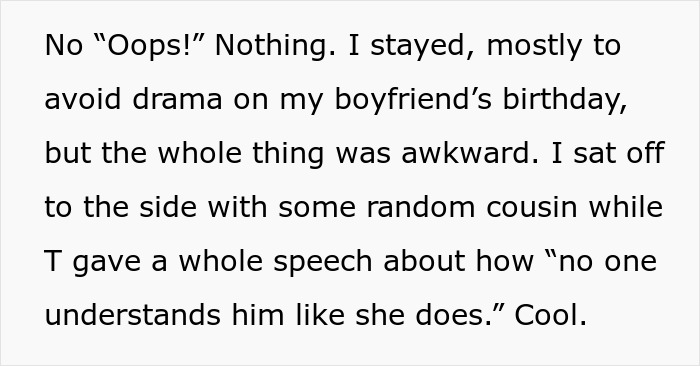 Text from a personal account describing awkwardness when a guy’s female best friend excludes his girlfriend from a surprise birthday party. - 6