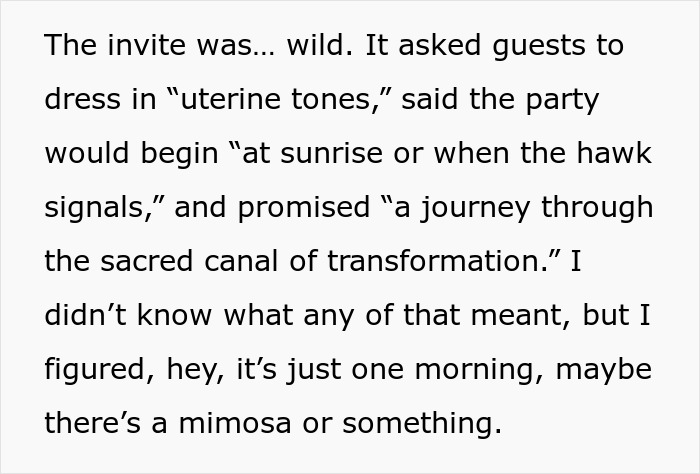 Text describing an unusual party invite mentioning uterine tones and a journey through transformation at sunrise.