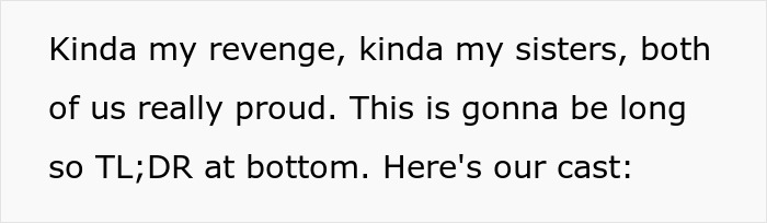 Text on screen showing a story about a lady's revenge involving her sister's bad ex and a baby's name. - 3