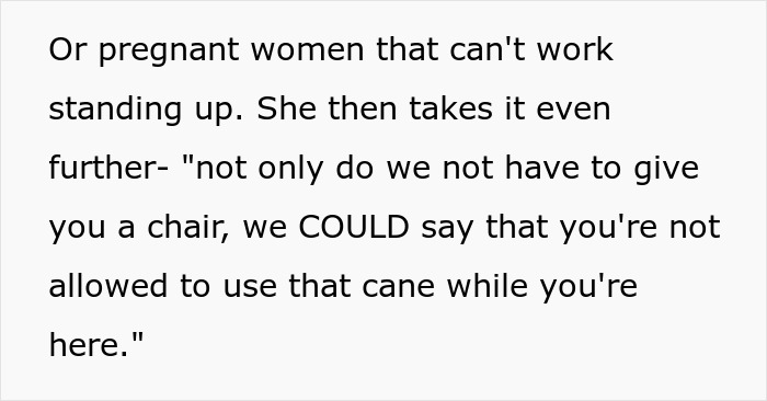 Text excerpt discussing an ableist manager refusing accommodations to a disabled employee, highlighting denial of chair use. Text excerpt discussing an ableist manager refusing accommodations to a disabled employee, highlighting denial of chair use.