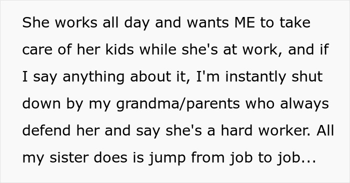 Text excerpt about a 17-year-old babysitting sister’s kids without payment or respect, expressing frustration. - 14