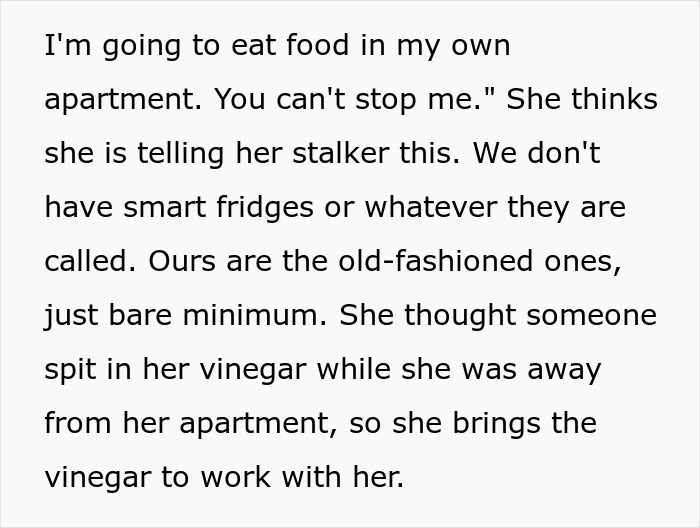 Text excerpt showing a woman expressing frustration about a coworker moving in and demanding rides without notice.