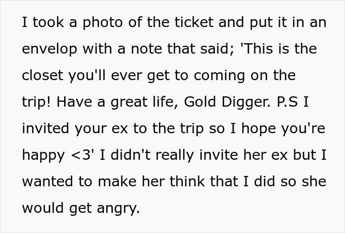 Note with a sarcastic message exposing gold digger holiday friend drama by pretending to invite an ex on a trip to cause anger. - 12