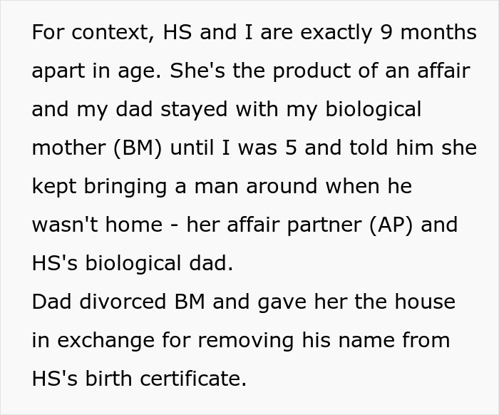 Text excerpt explaining a woman’s half-sister’s background and family history involving affair and custody issues. Text excerpt explaining a woman’s half-sister’s background and family history involving affair and custody issues.