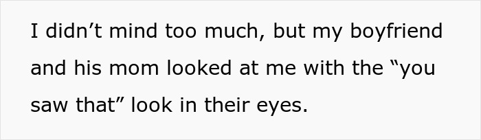 Text excerpt showing a person reflecting on their boyfriend and his mom giving a notable look, relating to a 24YO man and girlfriend issue.