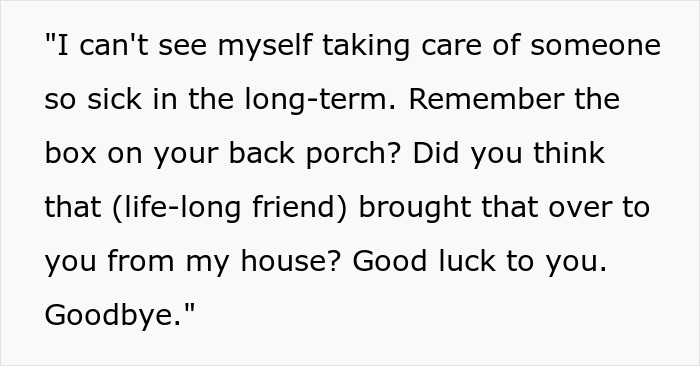 Text showing a message about a fiancee leaving after a cancer diagnosis, expressing refusal to provide long-term care. - 35