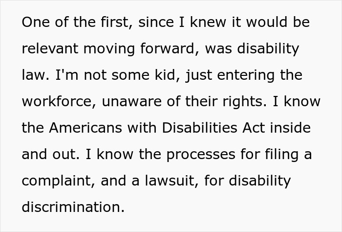 Text excerpt discussing knowledge of disability law, Americans with Disabilities Act, and disability discrimination complaints. Text excerpt discussing knowledge of disability law, Americans with Disabilities Act, and disability discrimination complaints.