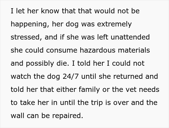 Text excerpt discussing a friend&rsquo;s dog being stressed and the insistence on proper boarding arrangements.