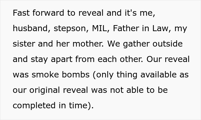 Text excerpt describing family gathering for a gender reveal with MIL causing drama during the event.