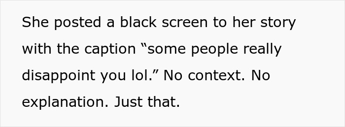 Caption of a black screen on social media story hinting at disappointment, related to failing a girlfriend’s story test. - 3