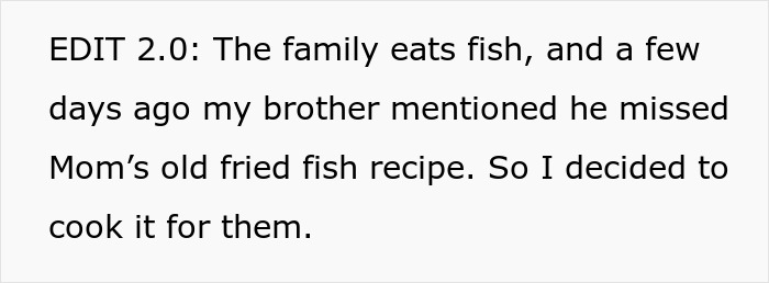 Text on a white background describing cooking fish for a family, related to family&rsquo;s entitled behavior and being hungry.