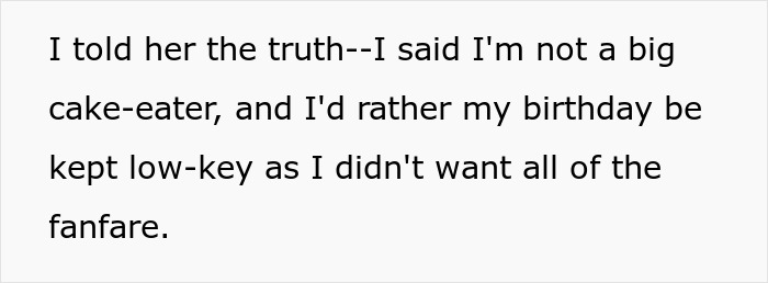 Text expressing an annoyed worker explaining a preference for a low-key birthday instead of a big cake celebration. - 5