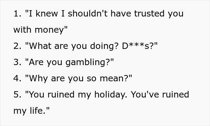 List of gaslighting phrases a mom uses after embezzling $160K inheritance from daughter, showing manipulation tactics.