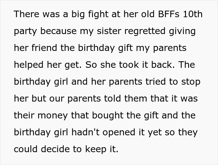 Text post discussing a birthday gift dispute involving a sister, her friend, and their parents.