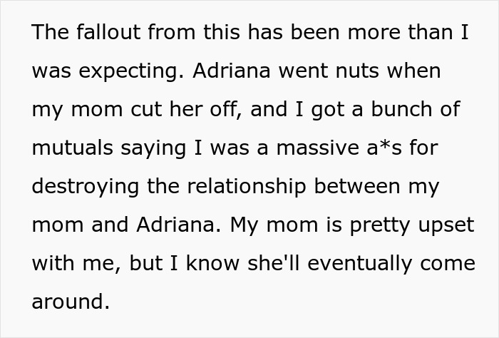 Text describing conflict as man threatens to cut off his mother over her friendship with his vengeful ex. - 17