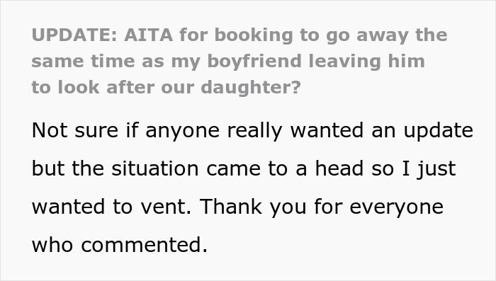 Text post about a man canceling his girlfriend’s plans to go on a cycle trip instead of watching his daughter. Text post about a man canceling his girlfriend’s plans to go on a cycle trip instead of watching his daughter.