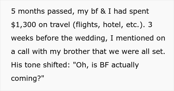 Text on screen describing a gay man spending $1,300 to attend twin&rsquo;s wedding with partner, then told he was not invited.