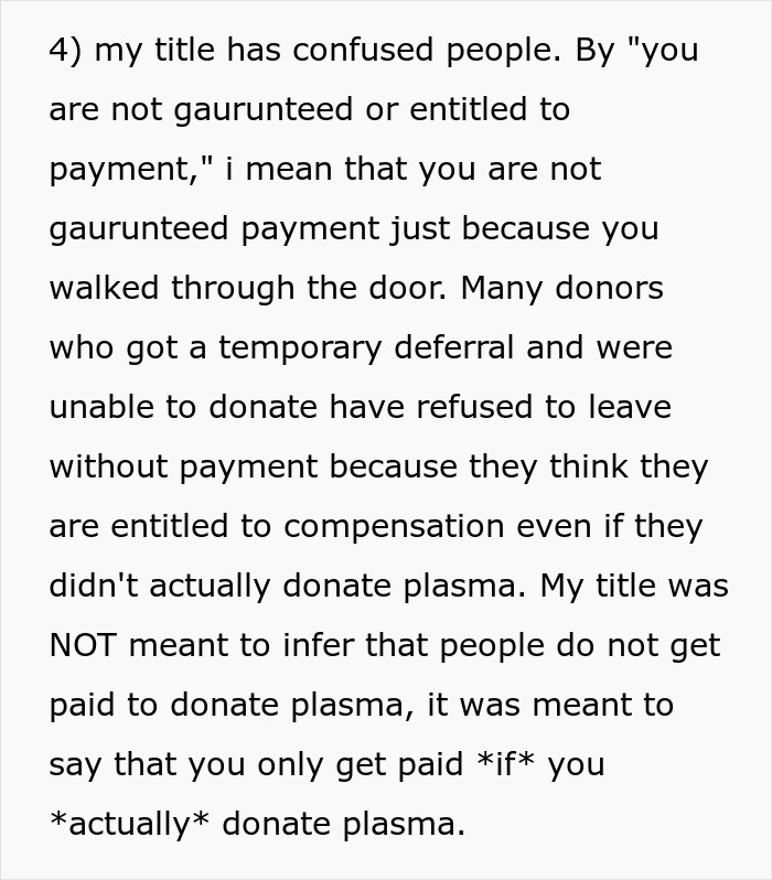Text explaining plasma donors refusing payment if they do not actually donate plasma, addressing payment and deferral issues. Text explaining plasma donors refusing payment if they do not actually donate plasma, addressing payment and deferral issues.