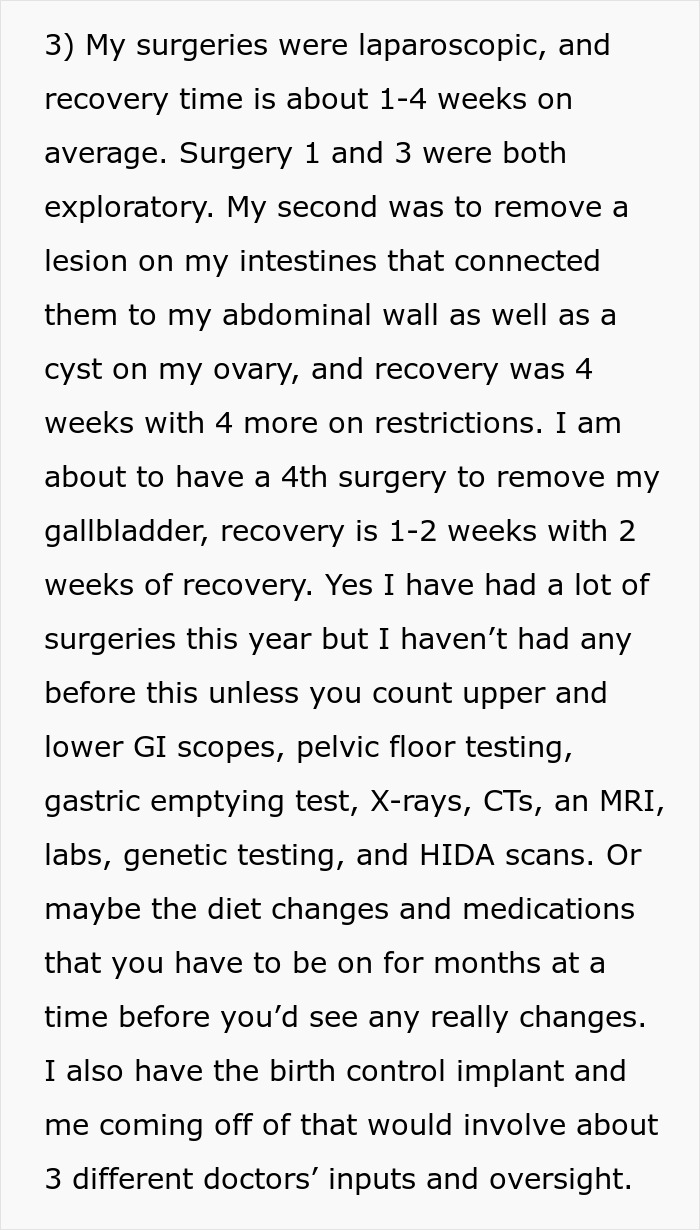 Text describing multiple surgeries, recovery times, and medical tests related to health and treatment updates. - 16